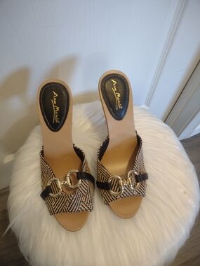 Anne Michelle Tan & Black Patterned Slide Mules with Gold Buckle